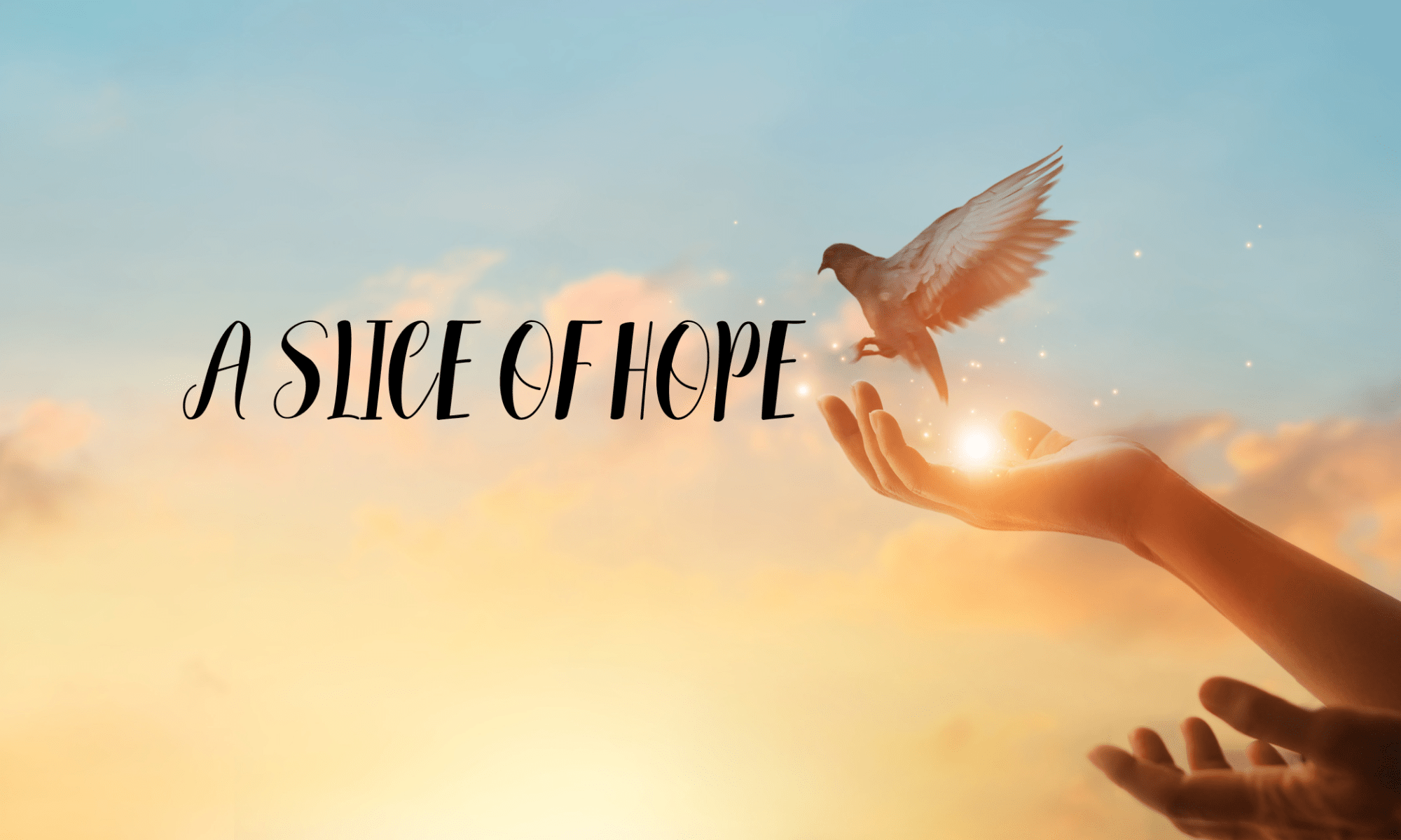 A bird taking flight out of female hands on a sunrise background with the words A Slice of Hope.