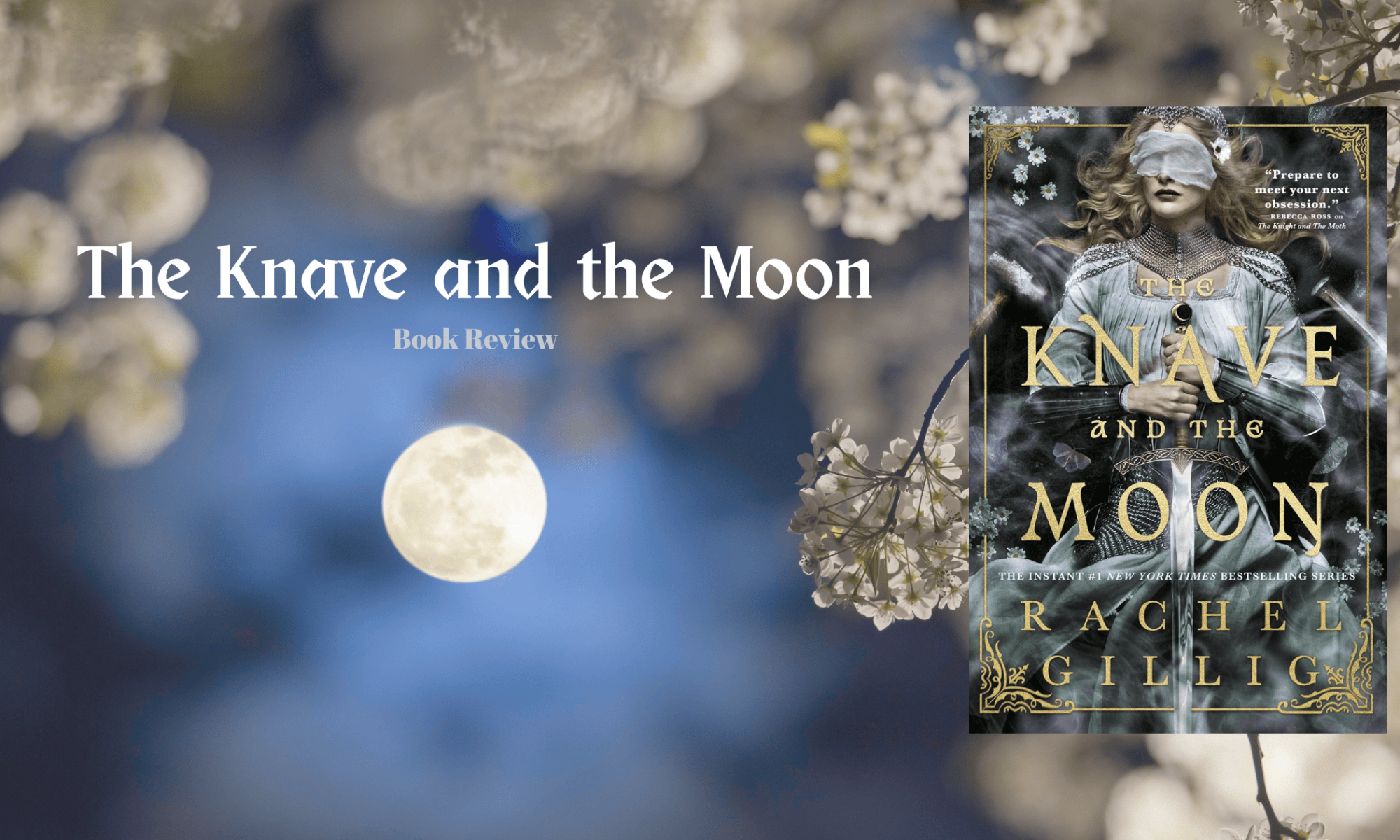 Book cover against a background of the night sky with a full moon and white flowers